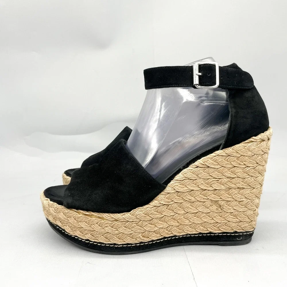 Stuart Weitztman Womens 9.5 M Black Suede Espadrille Wedge Sandals Platform Boho - Picture 4 of 12